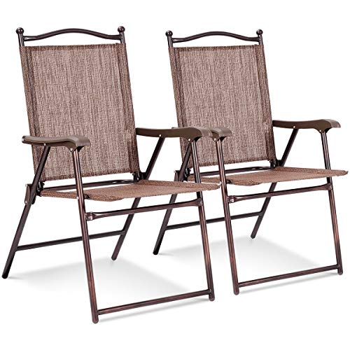 Giantex Set of 2 Patio Folding Chairs, Sling Chairs, Indoor Outdoor Lawn Chairs, Camping Garden Pool Beach Yard Lounge Chairs w/Armrest, Patio Dining Chairs, Metal Frame No Assembly, Brown