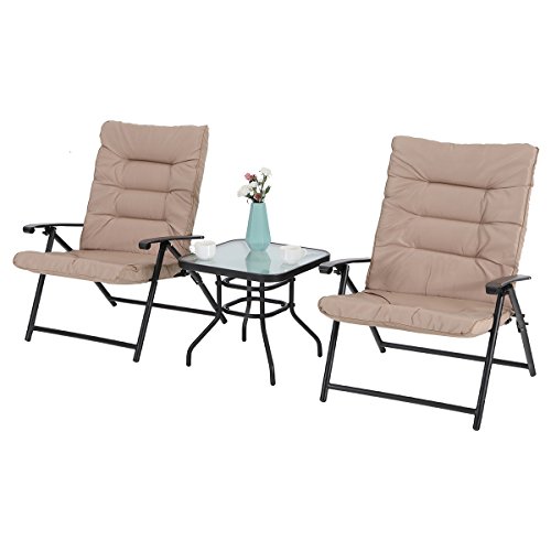 PHI VILLA 3 PCS Patio Bistro Set Outdoor Furniture Folding Chairs Set with Beige Cushions, 2 Adjustable Reclining Chairs & 1 Tempered Glass Coffee Table