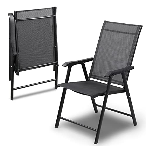 MoNiBloom Set of 2 Patio Outdoor Folding Chairs, Portable Dining Chairs with Armrest for Outside Garden Camping Backyard Poolside Beach Deck, Black