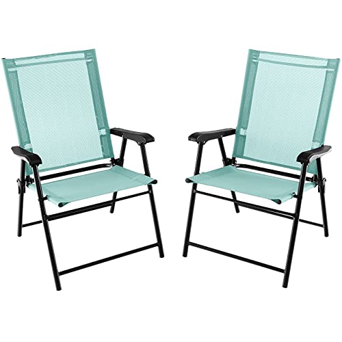 Giantex Patio Chairs Set of 2, Folding Patio Chairs for Deck Beach Camping Dining Picnic, Portable Sling Back Chairs Space Saving Turquoise