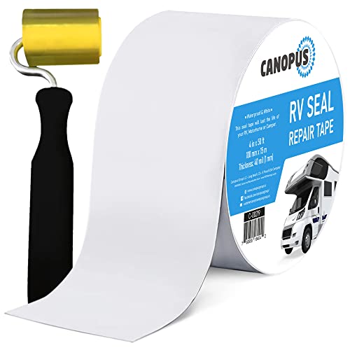 CANOPUS RV Sealant Tape, White, 4 Inch x 50 Feet with Roller, Roof Patch Repair Tape, Waterproof Leak Tape for RV punctures, Boat Sealing, Camper, Awning, Canopy, Tents, Tarpaulin and Greenhouse