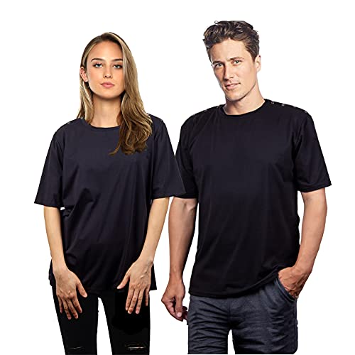 Shoulder Surgery Shirts, Unisex Rehab Shirt with Discreet Shoulder Snaps, Chemo Clothing, Short Sleeve Shirt Men & Women (Black, X-Large)