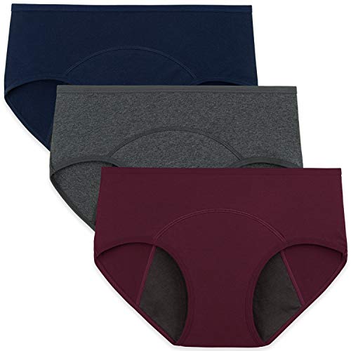 INNERSY Womens Period Leakproof Postpartum Underwear Cotton Menstrual Panties Briefs 3 Pack(Large, Wine&Dark Gray&Dark Blue)
