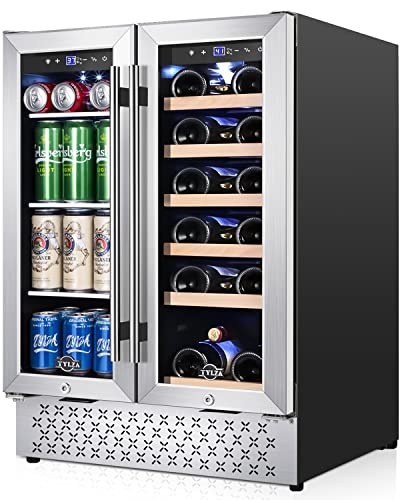 Tylza Wine and Beverage Refrigerator 24 Inch Dual Zone, French Door Wine and Beverage Cooler 24'' Built-In or Freestanding Drink Fridge, Under Counter Beer Refrigerator