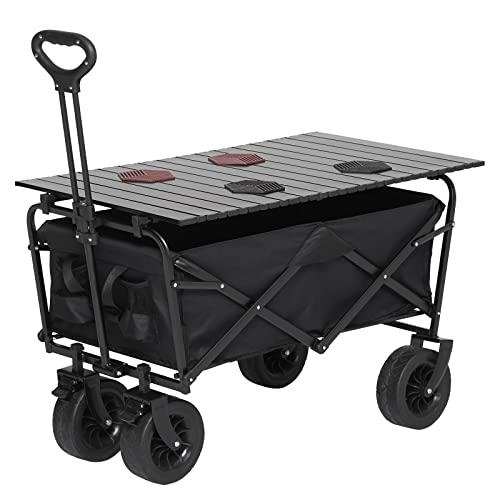 Towallmark Collapsible Folding Outdoor Camping Wagon, Park Utility Wagon Picnic Camping Cart with 8" All Terrain Wheels, Iron Folding Table top, 4 Plate mats