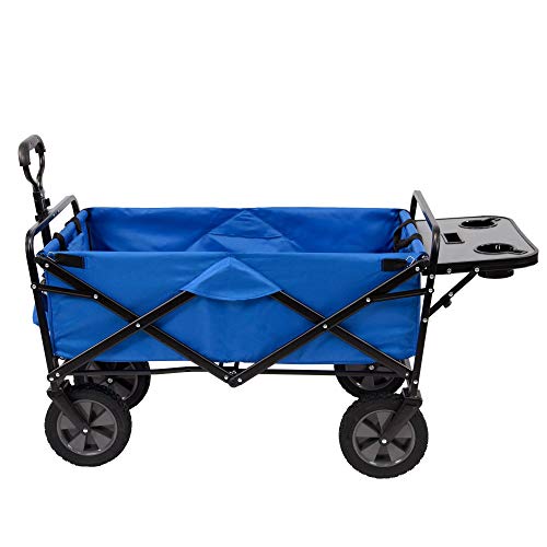 Mac Sports Heavy Duty Steel Frame Collapsible Folding 150 Pound Capacity Outdoor Garden Utility Wagon Yard Cart with Table and Cup Holders, Blue