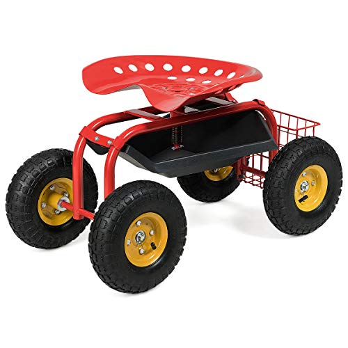 Goplus Garden Cart Rolling Work Seat Outdoor Lawn Yard Patio Wagon Scooter for Planting, Adjustable 360 Degree Swivel Seat w/Tool Tray, Basket (Red)