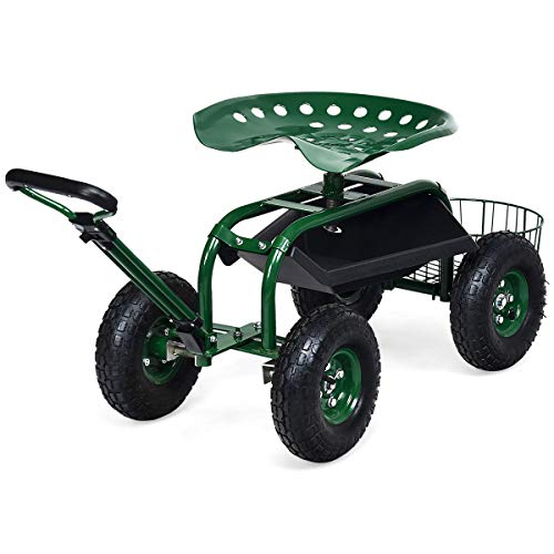 Goplus Garden Cart Gardening Workseat w/Wheels, Patio Wagon Scooter for Planting, Work Seat with Tool Tray and Basket (Length Adjustable Handle)