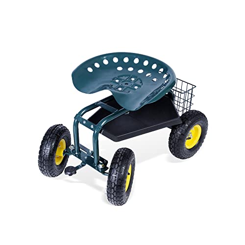 DC DICLASSE Garden Cart with Seat and Wheels and Storage - Heavy Duty Rolling Steerable Scooter Work Seat Utility Tool Cart - Weight Capacity 330lbs