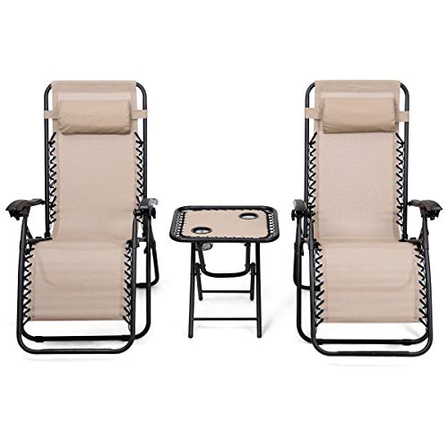 S AFSTAR Safstar Folding Zero Gravity Lounge Chair Set, 3 PCS Outdoor Recliners w/Removable Headrest and Portable Table for Balcony Patio Poolside (Beige)