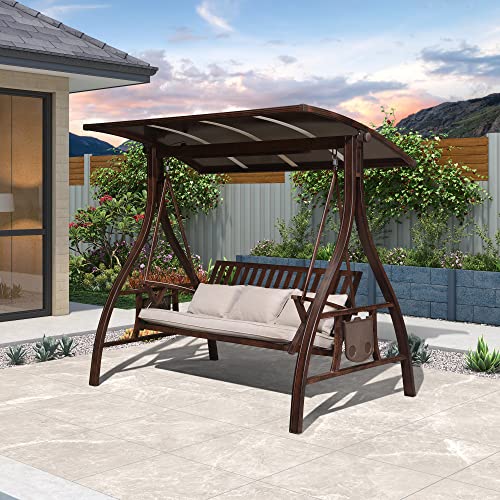 PURPLE LEAF Porch Swing Chair with Canopy Deluxe Outdoor 3 Person Yard Hammock Swing w/Solar LED Light, Side Table and Cushions for Backyard Glider Outside Bench Patio Swinging Chairs