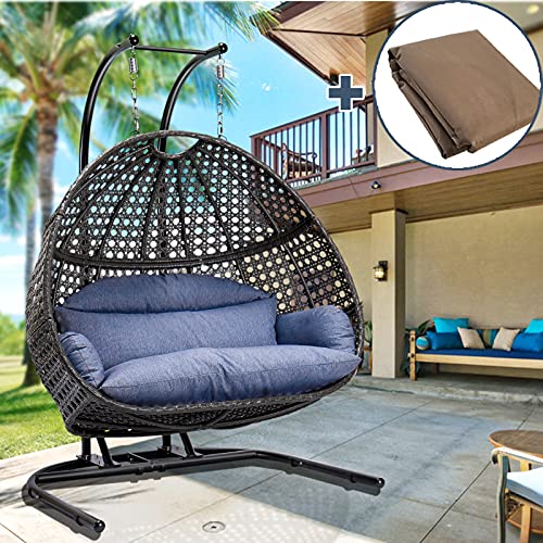 JOYBASE 2-Person Hanging Swing Chair with Stand, Hanging Egg Chair, Wicker Rattan Hanging Chair with Cushion for Indoor Outdoor Garden Patio (Blue&Black)