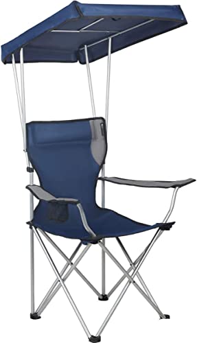 PORTAL Folding Sun Protection Lawn Chair with Canopy and Cup Holder for Outdoor Camp Park Patio Beach Picnic, Support 300 LBS, Blue/Grey