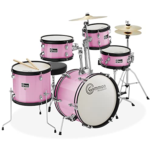 Gammon Percussion 5-Piece Junior Starter Drum Kit with Cymbals, Hardware, Sticks, & Throne - Pink