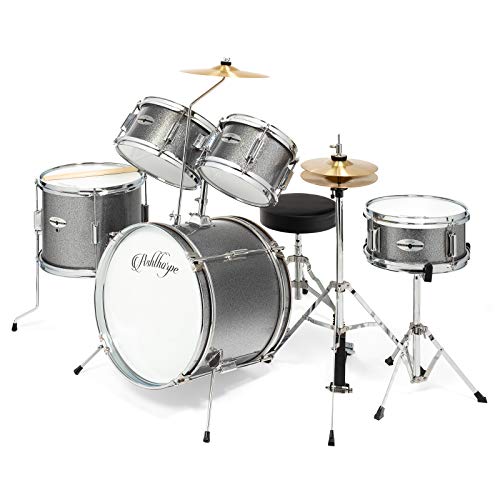 Ashthorpe 5-Piece Complete Junior Drum Set with Genuine Brass Cymbals - Advanced Beginner Kit with 16" Bass, Adjustable Throne, Cymbals, Hi-Hats, Pedals & Drumsticks - Silver
