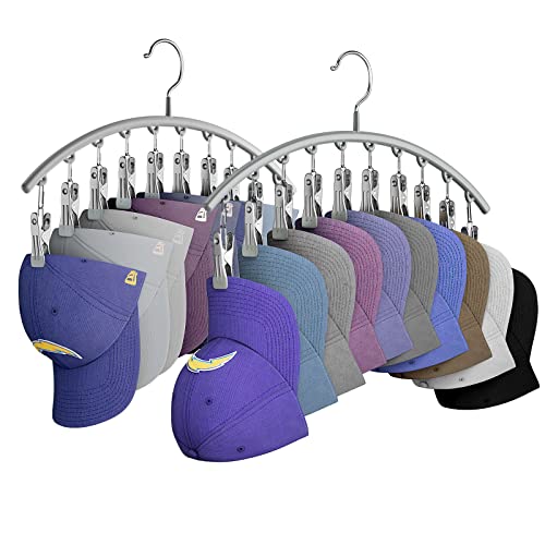 Yecuip Hat Hangers for Closet, Metal Hat Organizer Racks for Baseball Caps 2 Pack Door Hat Racks for Baseball Caps with 10 Large Clips, Baseball Hat Holder for Closet Storage, Fits All Caps-Grey