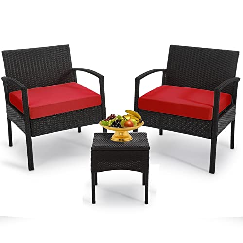 HOMEZILLIONS Outdoor Furniture 3 Piece Patio Set Balcony Furniture Outdoor Bistro Set Wicker Chair for Balcony Backyard Porch with Table and Cushions Red