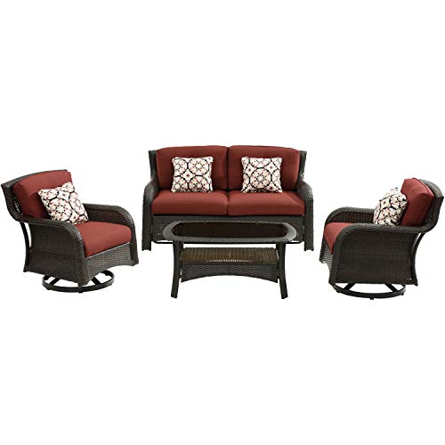 Hanover Strathmere 4-Piece Outdoor Patio Deep Seating Lounge Set with Loveseat, 2 Swivel Chairs with Thick Foam Cushions, Four Accent Pillows and a Glass-Top Coffee Table