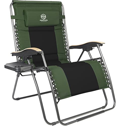 Coastrail Outdoor Zero Gravity Chair Premium Wood Armrest Padded Comfort Folding Patio Lounge Adjustable Recliner with Cup Holder & Side Table, 400lb Capacity, Green/Black