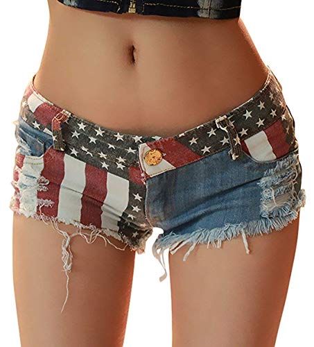 chouyatou Women's Low-Rise American Flag Print Daisy Duke Ripped Denim Shorts (XX-Large, Blue)