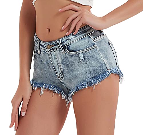 Soojun Women's Sexy Cut Off Booty Denim Jeans Shorts 9 1/2 Inch Rise, Denim Blue, US 2