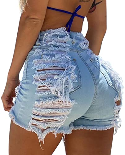 GOBLES Women's Sexy Summer Mid Waist Ripped Jean Shorts Frayed Hem Denim Shorts with Pockets Light Blue