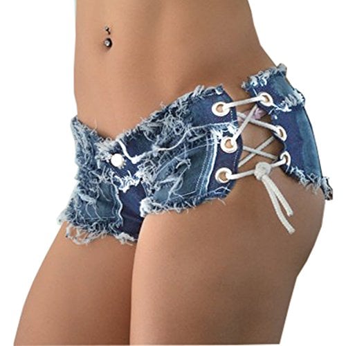 Yollmart Women Sexy Cut Off Low Waist Denim Jeans Shorts Mini Hot Pants-Blue-L