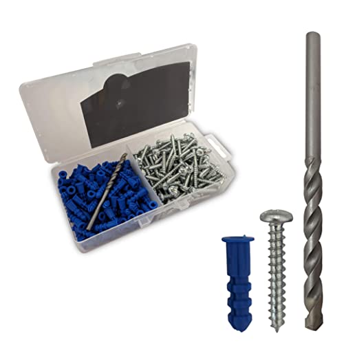 Plastic Drywall Anchor Kit, Includes 100 x Plastic Anchors (1"), 100 x Phillip Screws (10 x 1-1/4"), & 1 x Masonry Drill Bit (1/4" x 4"), Premium Quality Ribbed Anchors, 10-12 Zinc Screws