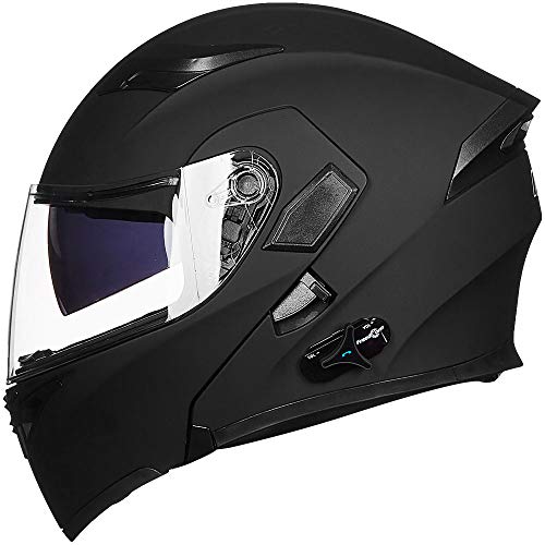 ILM Bluetooth Motorcycle Helmet Modular Flip up Full Face Dual Visor Mp3 Intercom FM Radio DOT Approved Model 902BT(Matte Black, XL)
