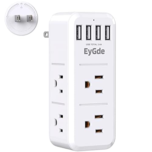 2 Prong Power Strip with Surge Protector 1700J, EyGde Multi Plug Outlet Extender with Rotating Plug, 6 Wall Outlet Splitter (3 Sided) with 4 USB Ports for Kitchen, Bathroom, White