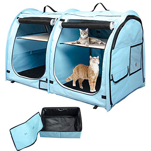 Mispace Portable Twin Compartment Show House Cat Cage/Condo - Easy to Fold & Carry Kennel - Comfy Puppy Home & Dog Travel Crate with Portable Carry Bag/Two Hammocks/Mats and Collapsible Litter Box