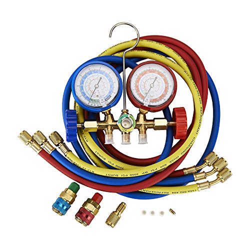 OMT 5FT AC Diagnostic Manifold Freon Gauge Set Fits for R134A R12, R22, R502, with Couplers, Adapter for Car A/C System Automotive Air Conditioning Maintenance