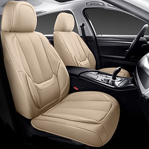 Coverado Front Car Seat Covers, 2 Pieces Car Seat Cover, Waterproof Car Seat Protectors, Nappa Leather Car Seat Cushion, Driver Seat Cover Universal Fit for Most Sedans SUV Pick-up Truck, Beige