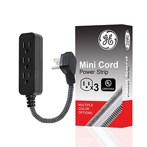 GE Pro Mini 3-Outlet Power Strip, 6 inch Designer Braided Extension Cord, Grounded, Flat Plug, Warranty, UL Listed, Black/Gray, 45191