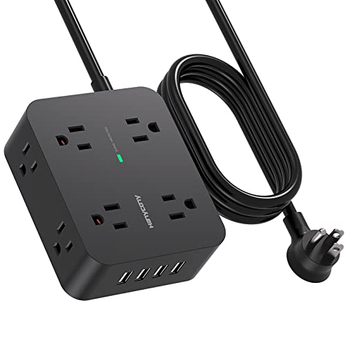 Power Strip Surge Protector, 5 Ft Exetnsion Cord with Multiple Outlets, Outlet Extender with 4 USB Ports, Flat Plug, Wall Mount for Home Office Dorm Room Essentials, ETI Listed, Black