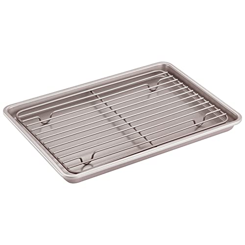 CHEFMADE Roasting Pan with Rack, 13-Inch Non-Stick Rectangular Shallow Dish Sheet Pan with Wire Rack for Oven Baking, BBQ, Jelly Roll and Roasting 9" x 13" x 1" (Champagne Gold)