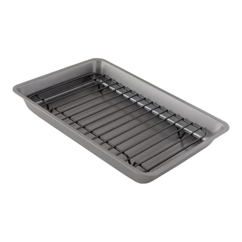 Chef Pomodoro Nonstick Carbon Steel Small Roasting Pan Roaster with Flat Rack, 11 x 7.7-Inch, Petite Mini, Grey, Bakeware Toaster Oven Countertop Oven Baking, Single Serving