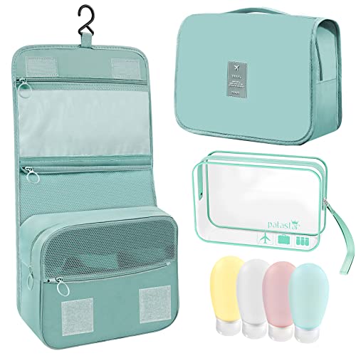 PataStar Hanging Travel Toiletry Bag for Women Makeup Organizer Bag TSA Approved Clear Cosmetic Bag with 4 Silicone Travel Bottles for Toiletries, Sky Blue Set
