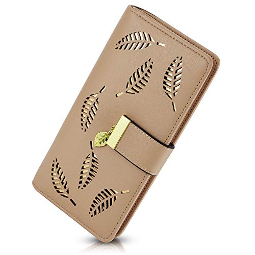 PGXT Women's Long Leather Card Holder Purse Zipper Buckle Elegant Clutch Wallet (Khaki)