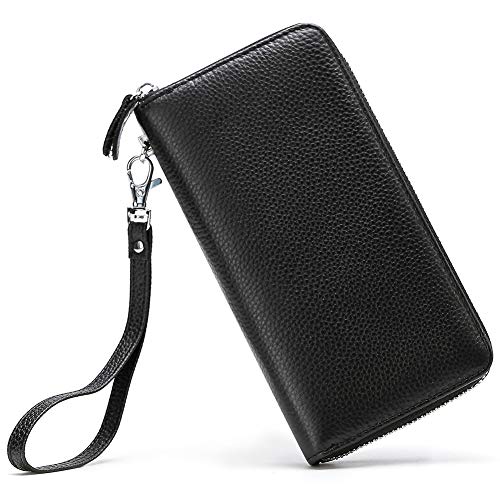 Moflycom Womens Wallet RFID Blocking Genuine Leather Zip Around Wallet Clutch Wristlet Travel Long Purse for Women Black