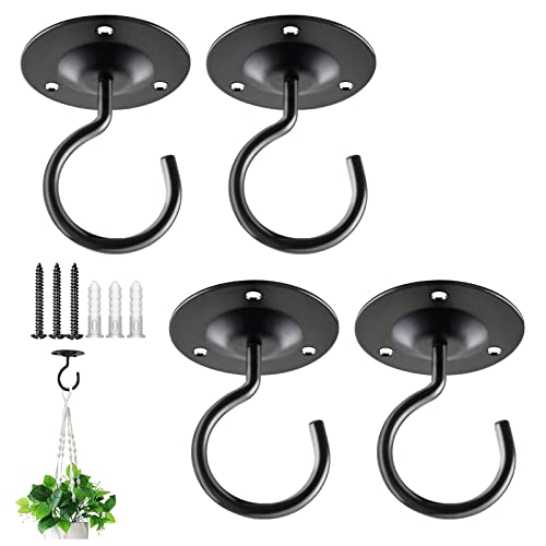 BOLITE Ceiling Hooks for Hanging Plants, Wall Mount Metal Hangers for Bird Feeders, Plants, Lanterns, String Lights, Wind Chimes, Indoor and Outdoor Decorations, Black, 4 Pack