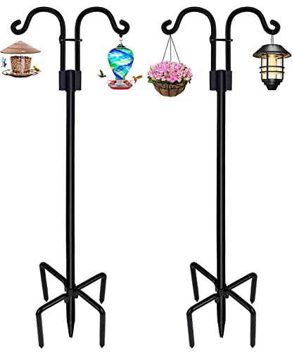 STAUKOK Double Shepherds Hooks for Outdoor, 2 Pack 108 Inch Bird Feeder Pole with 5 Prongs Base, Heavy Duty Garden Hook for Hanging Plant, Lantern, Hummingbird Feeder