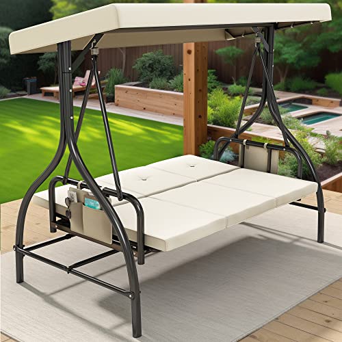 YITAHOME Porch Swing Bed 3-Seats Outdoor Patio Swing Heavy Duty Swing Chair with Adjustable Canopy Removable Cushion, Suitable for Adult in Garden, Poolside, Balcony, Beige