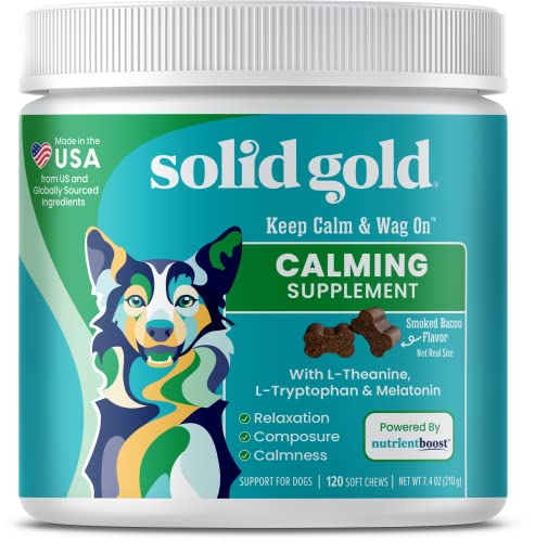 Solid Gold Calming Chews for Dogs - Soothing Snacks for Stress & Dog Anxiety Relief w/Melatonin & Valerian Root - Dog Treats for Separation Anxiety Relief & Fireworks for All Breeds & Sizes - 120 Ct