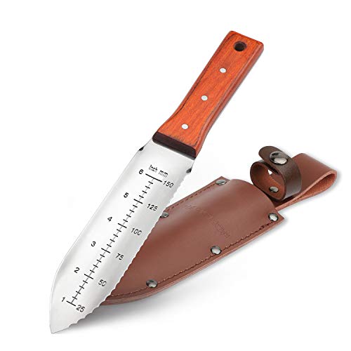 HAUSHOF Hori Hori Garden Knife, Weeding & Digging Tool, 7 Blade, Full Tang, Wood Handle Gardening Knife with Leather Sheath