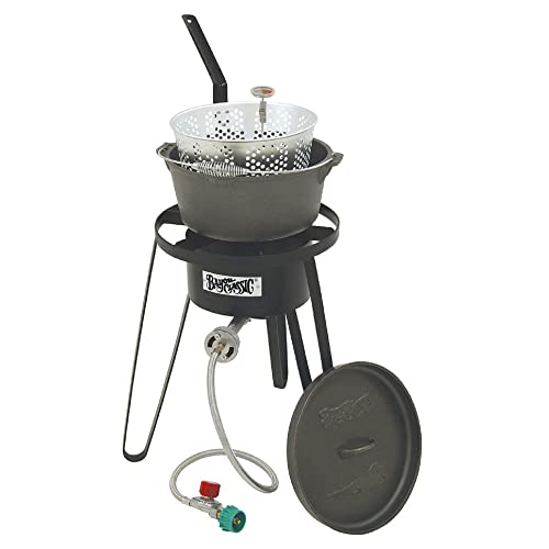 Bayou Classic B159 Cast Iron Fish Cooker Features 8-qt Cast Iron Dutch Oven w/ Lid Perforated Aluminum Basket 5-in Stainless Thermometer 21-in Tall Cooker Perfect For Slow Cooking Stews Gumbo & More