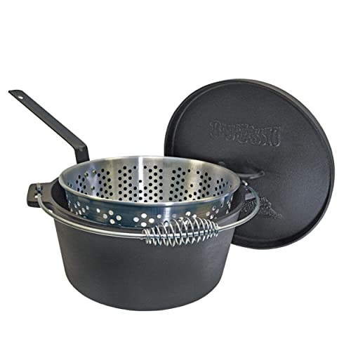 Bayou Classic Cast Iron Dutch Oven w/ Fry Basket Features Flanged Camp Lid Perforated Aluminum Basket Stainless Coil Wire Handle Grip, 20-qt Perfect For Frying Fish Chicken Shrimp & More
