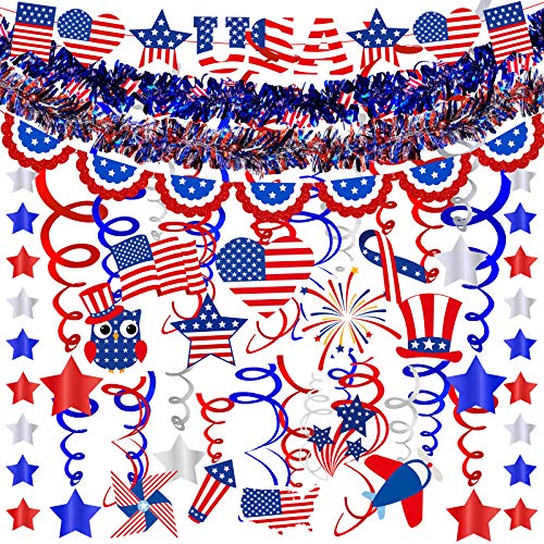 Winlyn Patriotic Red Blue White Party Decoration Patriotic Tinsel Garlands American USA Banner Foil Star String Hanging Swirl Streamers for 4th of July Independence Day Memorial Day Party Decoration