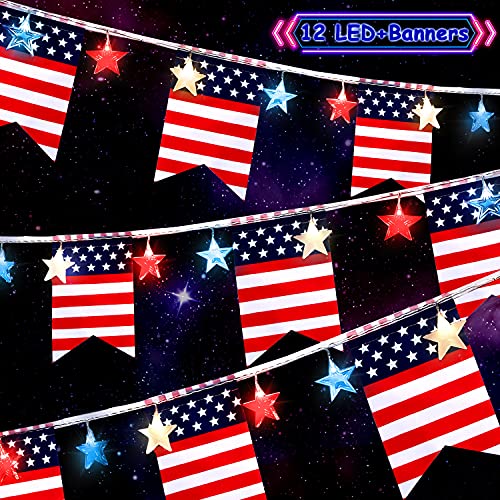 Frienda Independence Day Red White and Blue Star String Lights, 11.5 ft 12 LED Lights with American Flags Banner 11.5 ft USA Flags Banners for July 4th Garden, Indoor, Outdoor Decoration