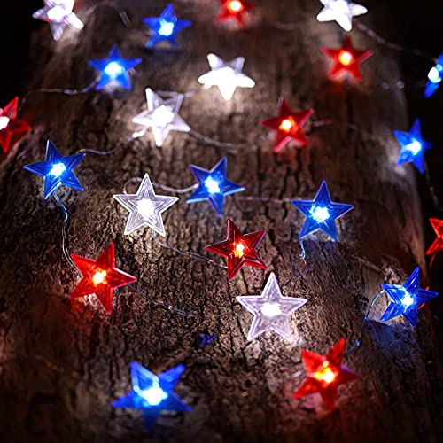 JASHIKA 4th of July Memorial Day American Flag Stars Decoration String Lights 10feet 30 LEDs USB or Battery Operated with Multi-Function Remote for USA Independence Day Uncle Sam Party Accessories